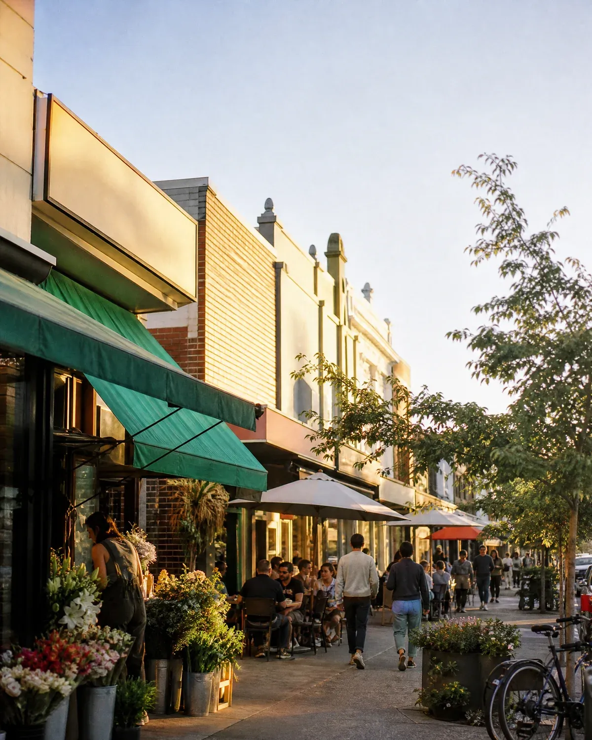A thriving local high street at golden hour, cafe tables full and a florist trading on the footpath.